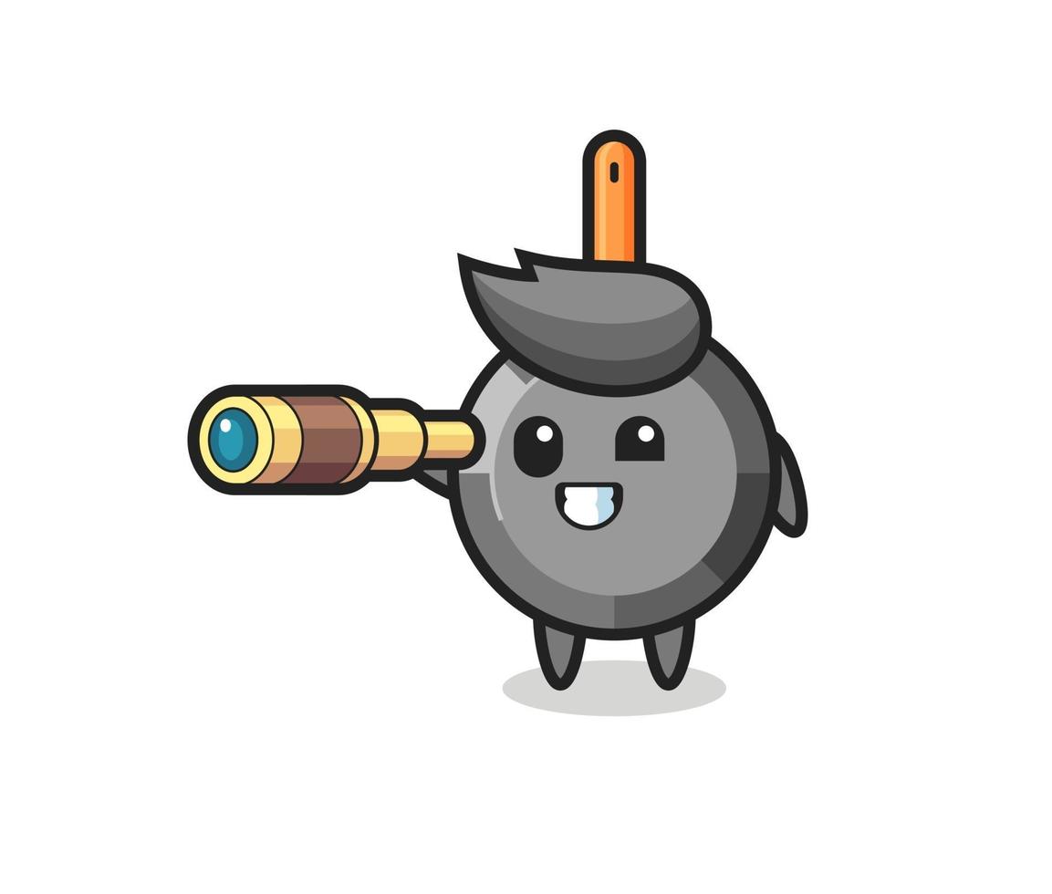 cute frying pan character is holding an old telescope vector