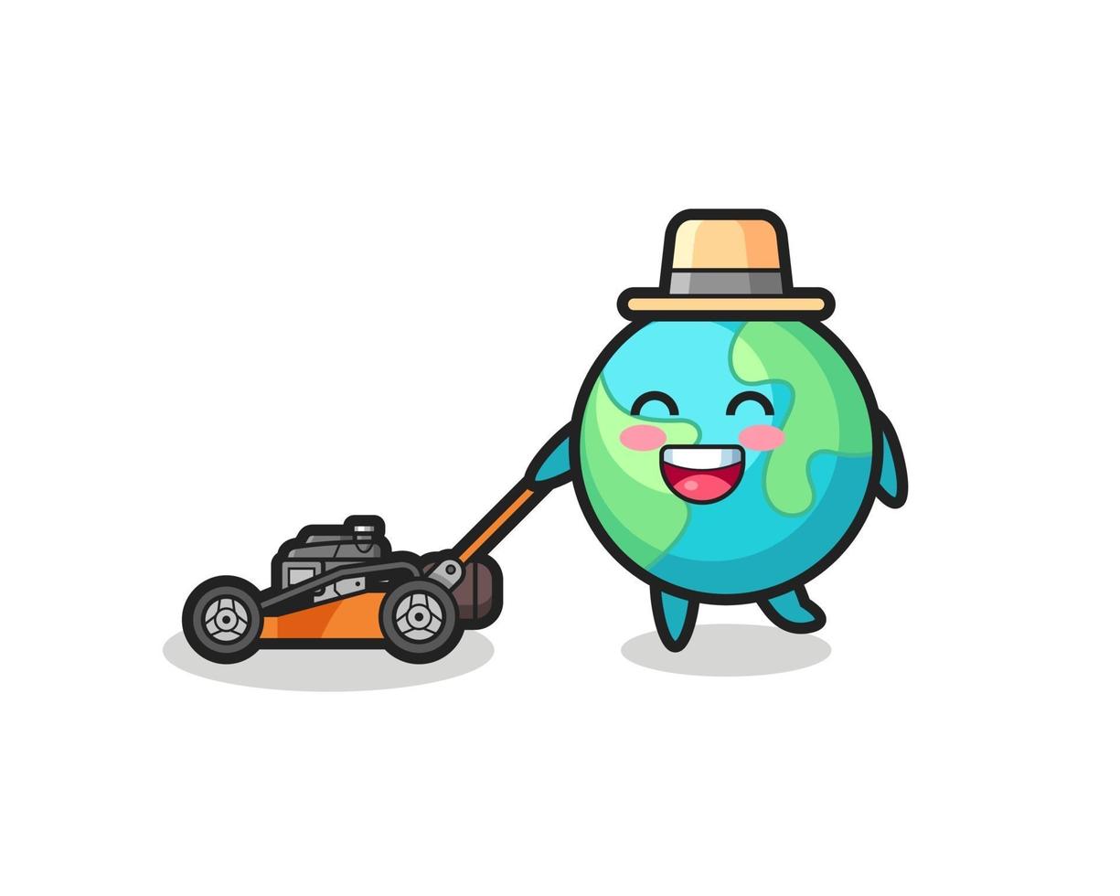 illustration of the earth character using lawn mower vector