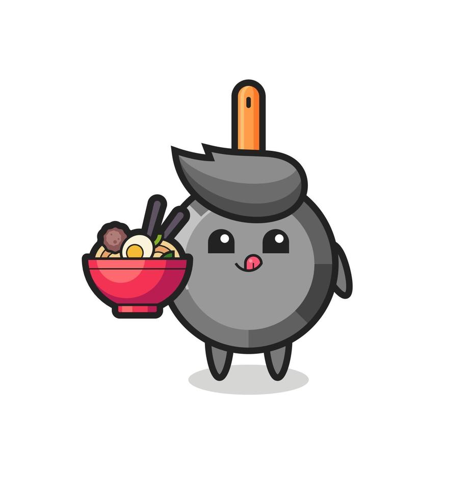 cute frying pan character eating noodles vector