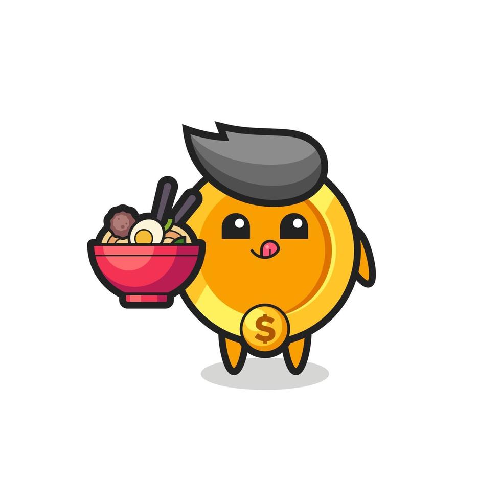 cute dollar currency coin character eating noodles vector