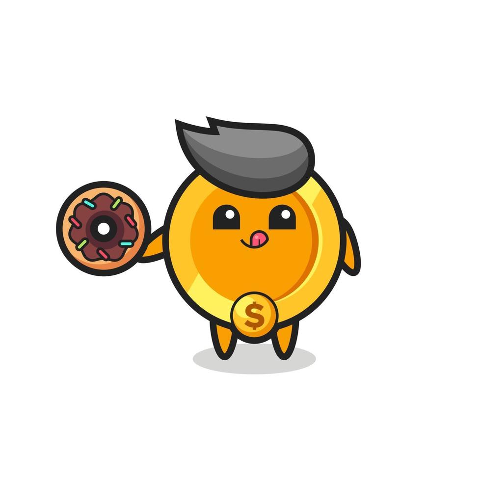 illustration of an dollar currency coin character eating a doughnut vector