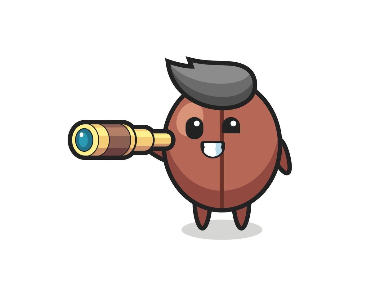 cute coffee bean character is holding an old telescope vector