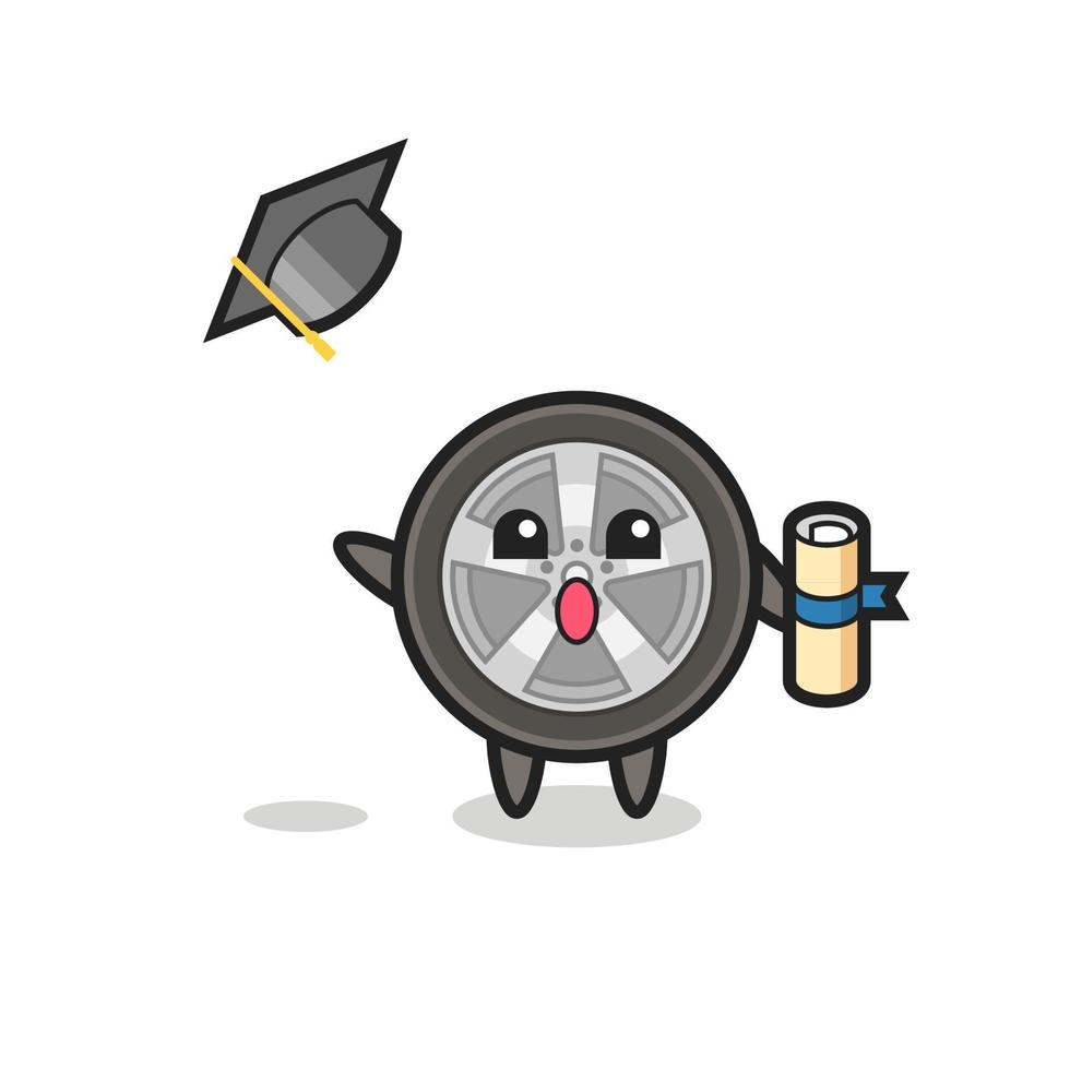 Ilustración de dibujos animados de rueda de coche lanzando el sombrero en la graduación vector