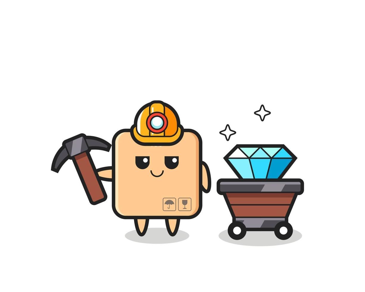 Ilustración de personaje de caja de cartón como minero. vector