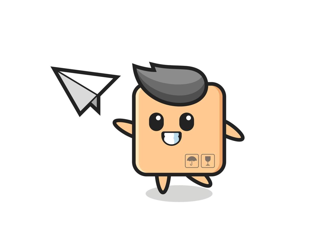 cardboard box cartoon character throwing paper airplane vector