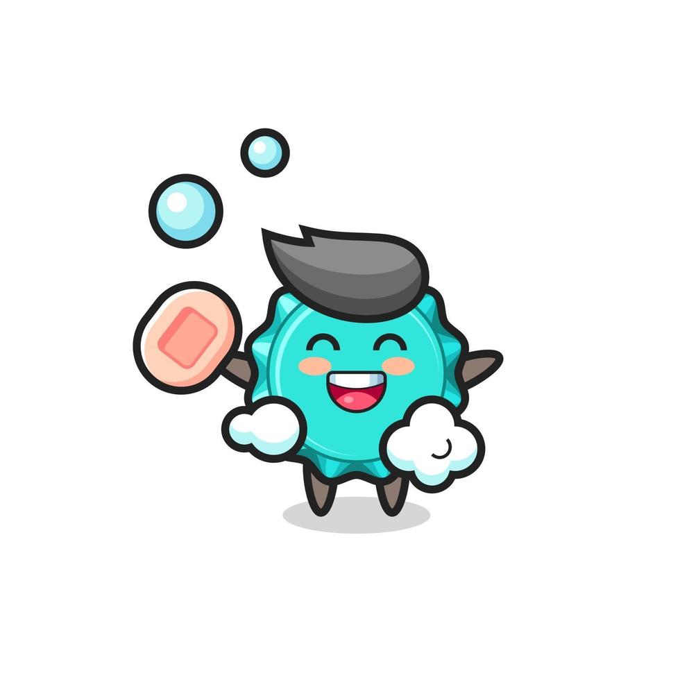 bottle cap character is bathing while holding soap vector