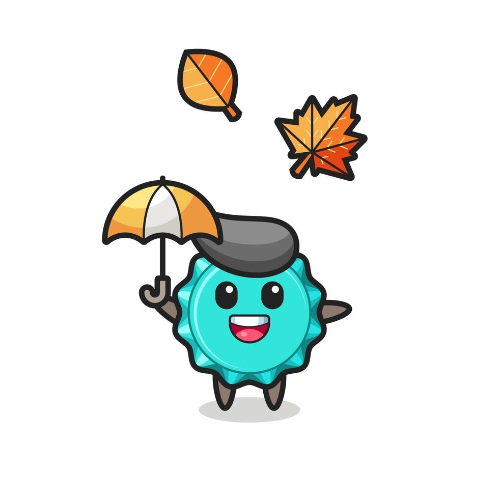 cartoon of the cute bottle cap holding an umbrella in autumn vector