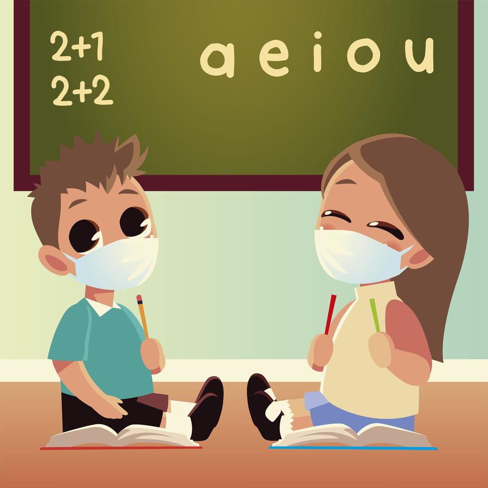 Back to school of girl and boy with medical masks vector design