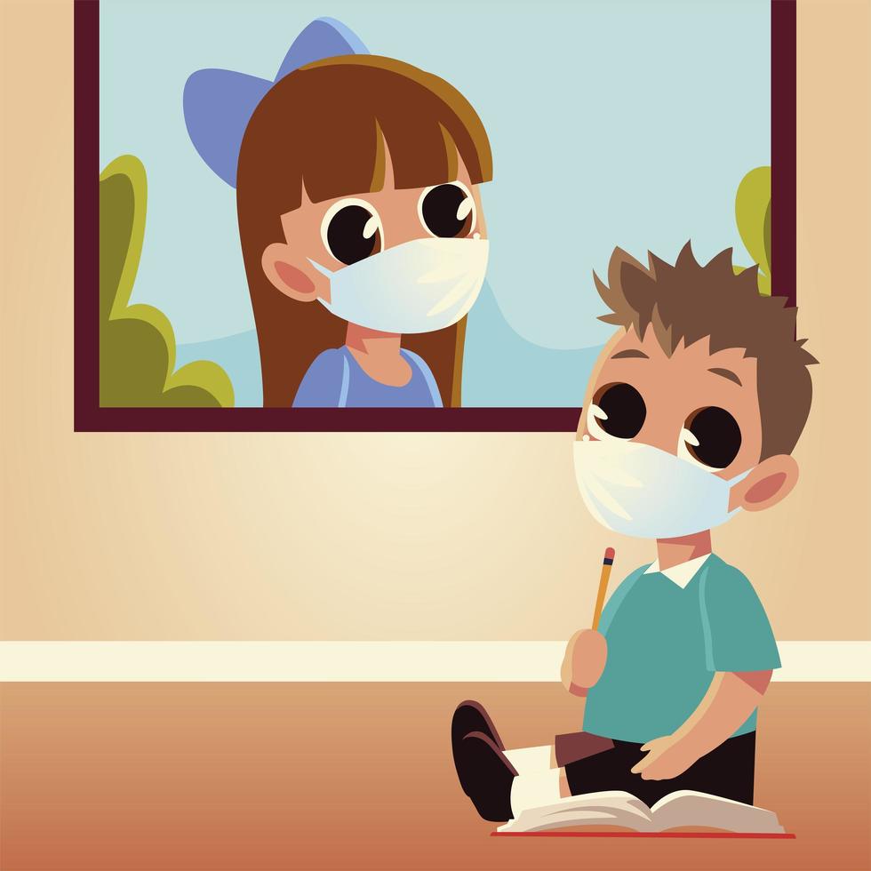 Back to school of girl and boy kid with medical masks vector design