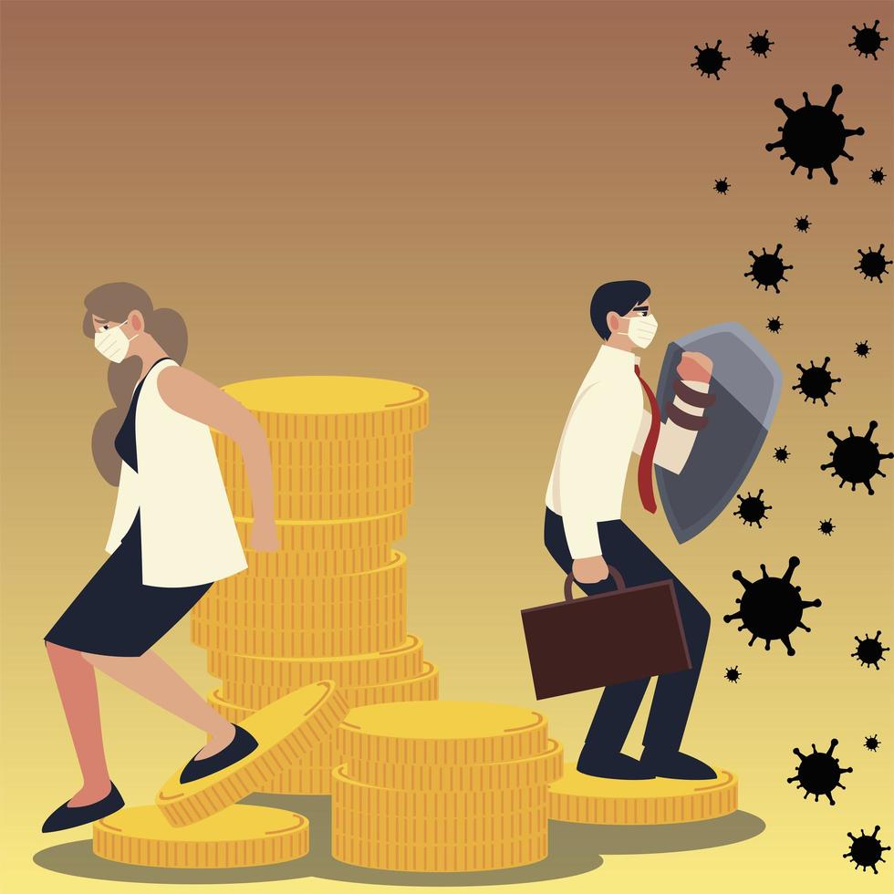 covid 19 virus businesswoman and businessman with masks and coins vector