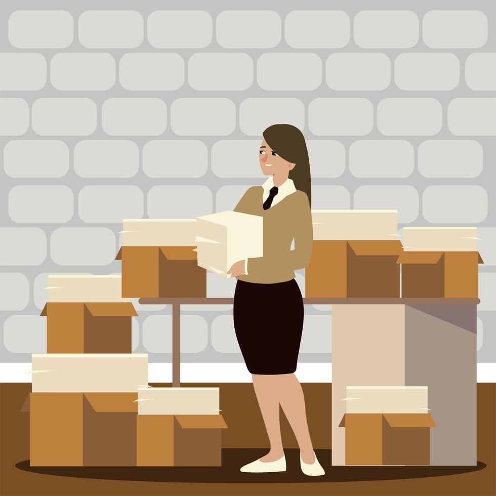 worker woman office with various stack paperwork in boxes vector