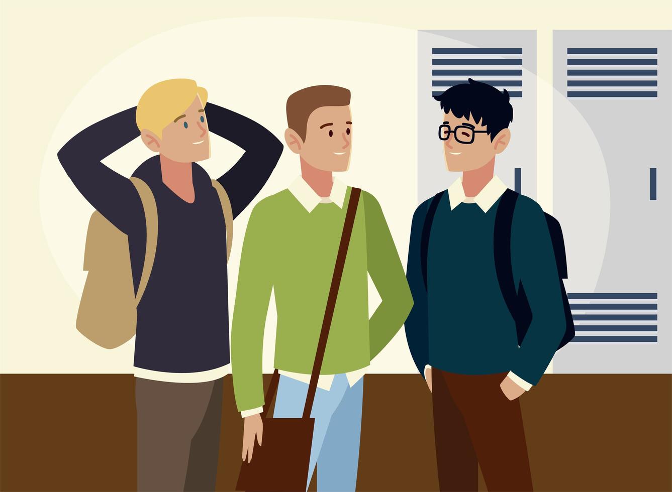 male students characters with backpacks in the hall image vector