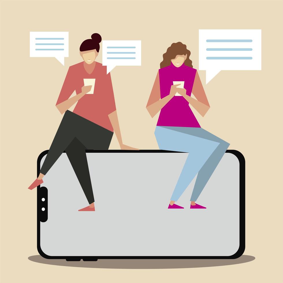 women sitting on big smartphone and using smartphones vector