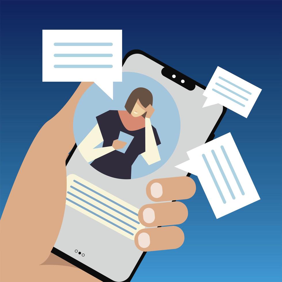 hand holds smartphone sending sms woman in screen vector