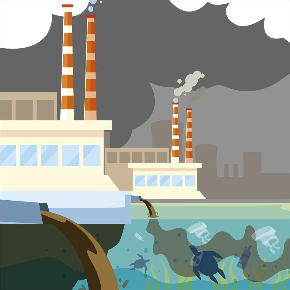 factory plant pollutes, trash emission from pipes to river water vector