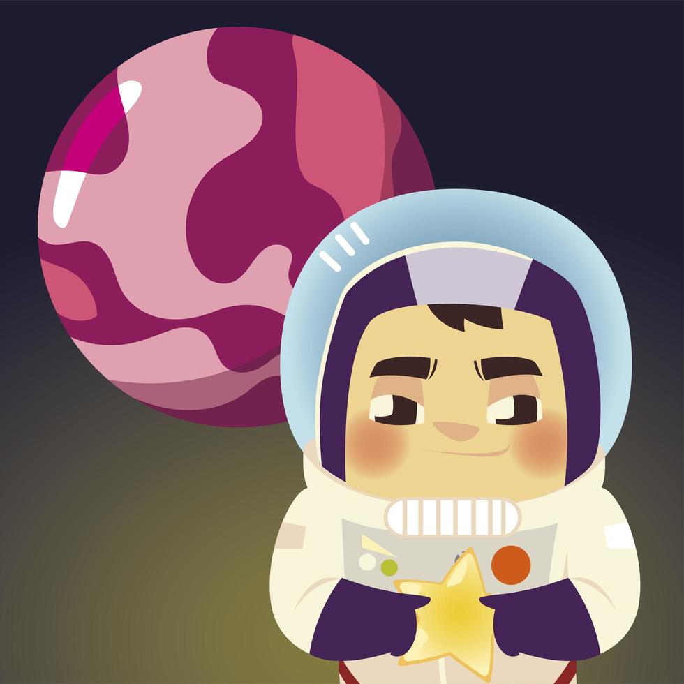 space astronaut in suit with helmet star and planet cartoon vector