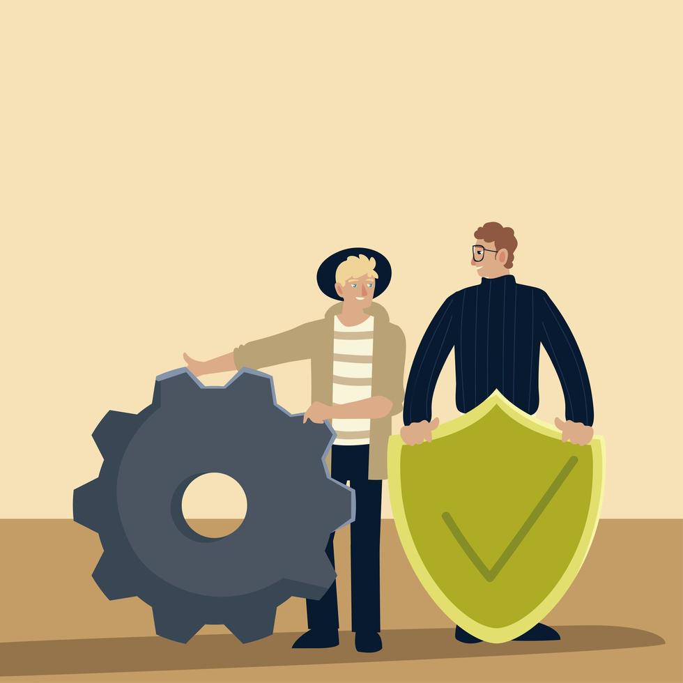 men with gear shield protection and check mark design vector