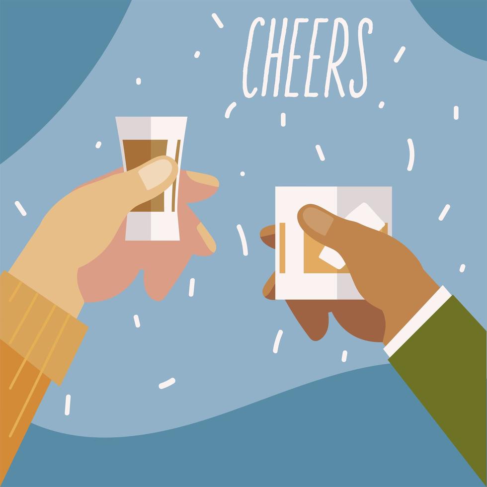 hands with whiskey and tequila alcohol, cheers vector