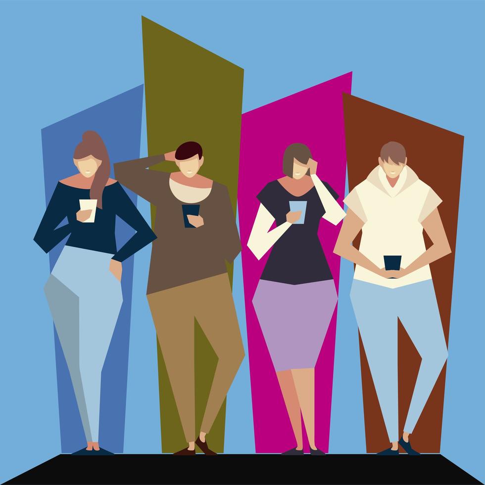 people using smartphones, men and woman with phone devices vector