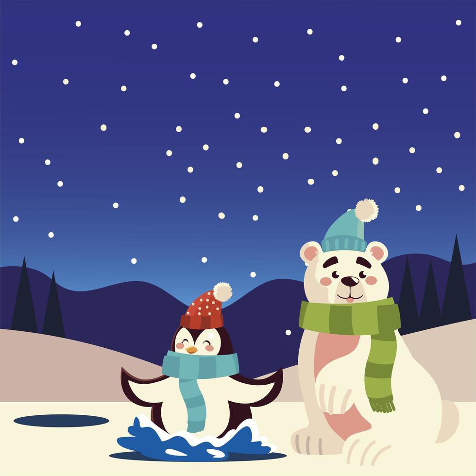 feliz navidad pingüino y oso polar con bufanda personaje nevado vector