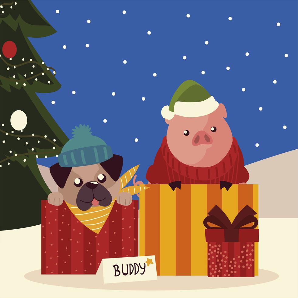 merry christmas cute dog in box pig with sweater and gift tree vector