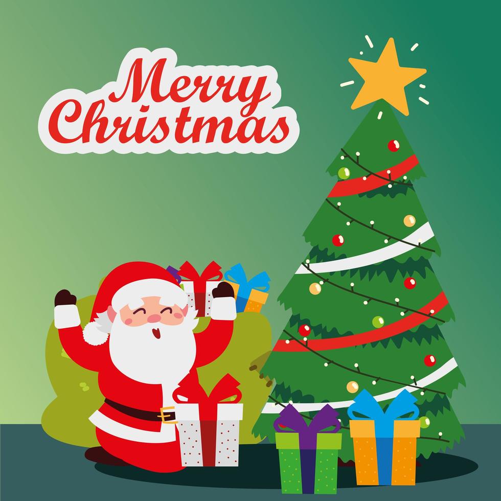 merry christmas, santa claus with tree and gift boxes greeting card vector