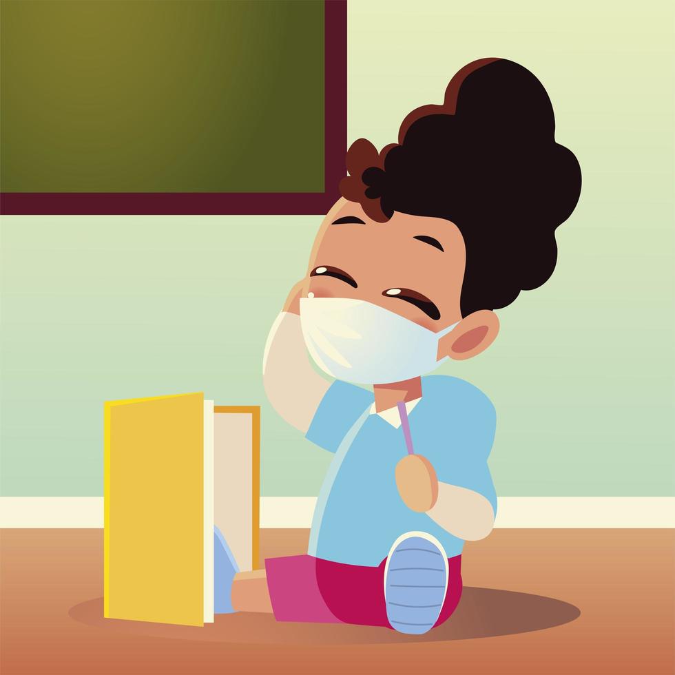 Back to school of girl kid with medical mask and notebook vector