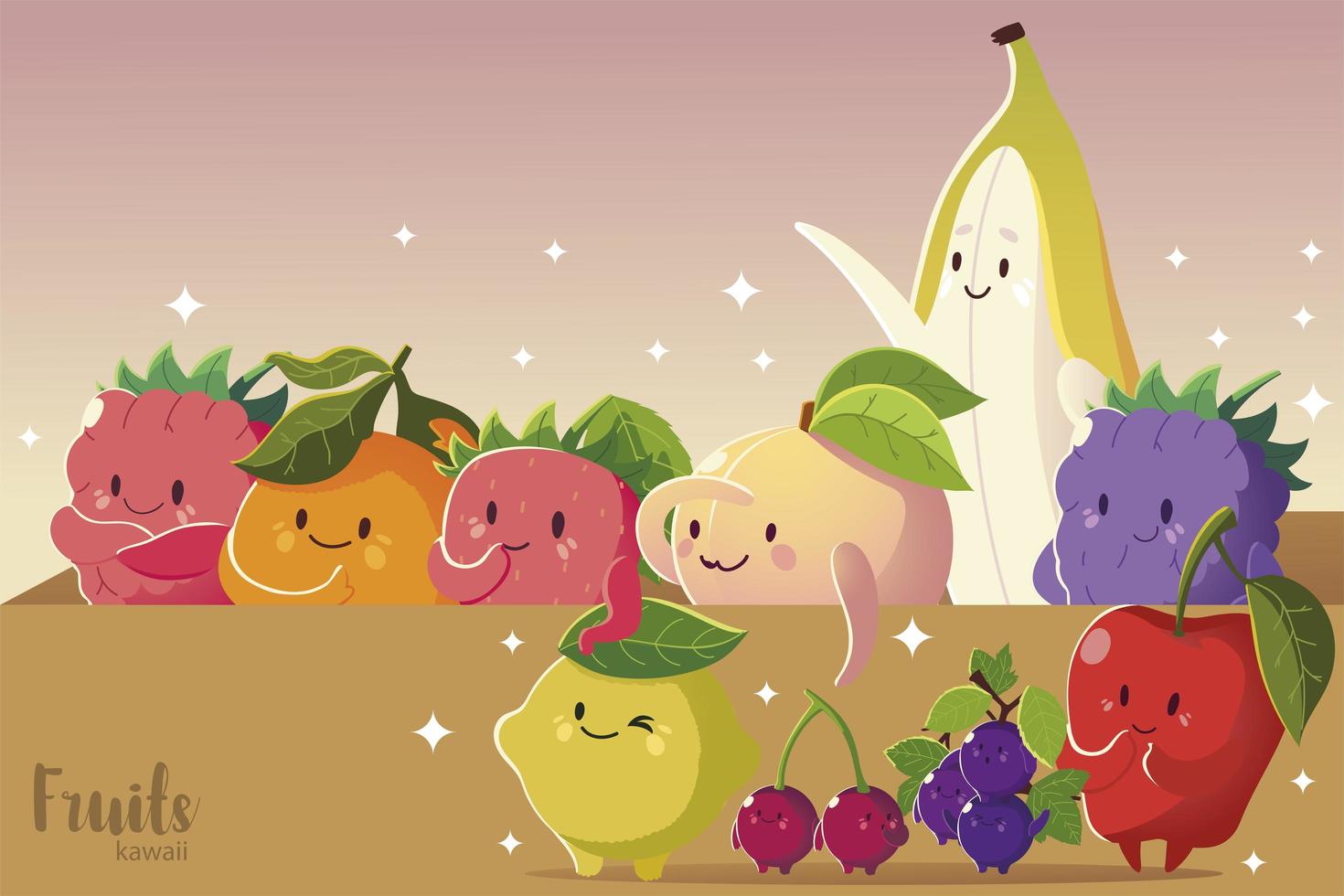 fruits kawaii funny face apple banana cherry grapes strawberry vector