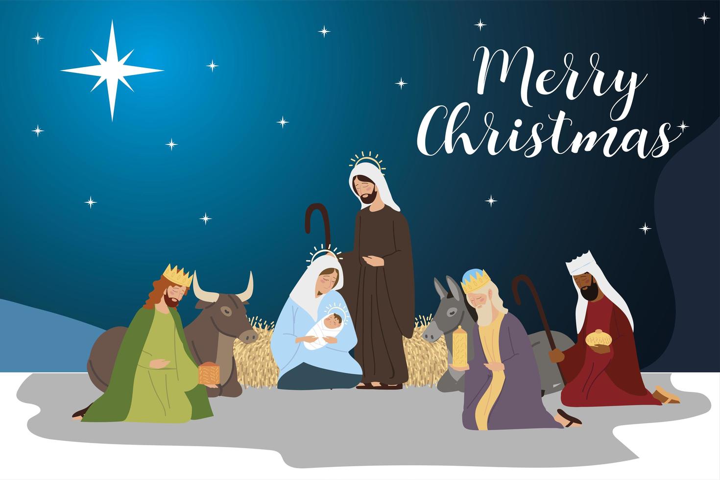 feliz navidad maría josé bebé jesús reyes sabios y pesebre de animales vector