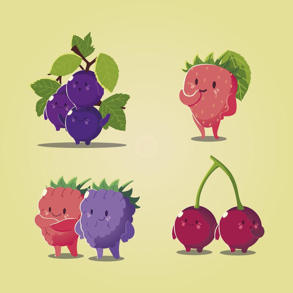 fruits kawaii funny face happiness grapes strawberry cherry blackberry vector