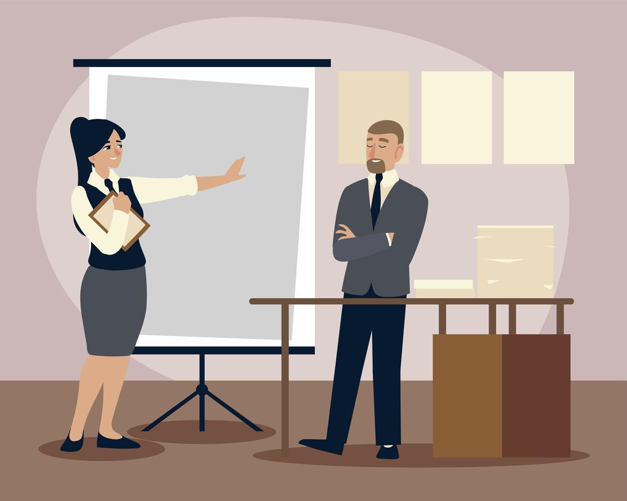 business people, business man and woman with board presentation plan vector