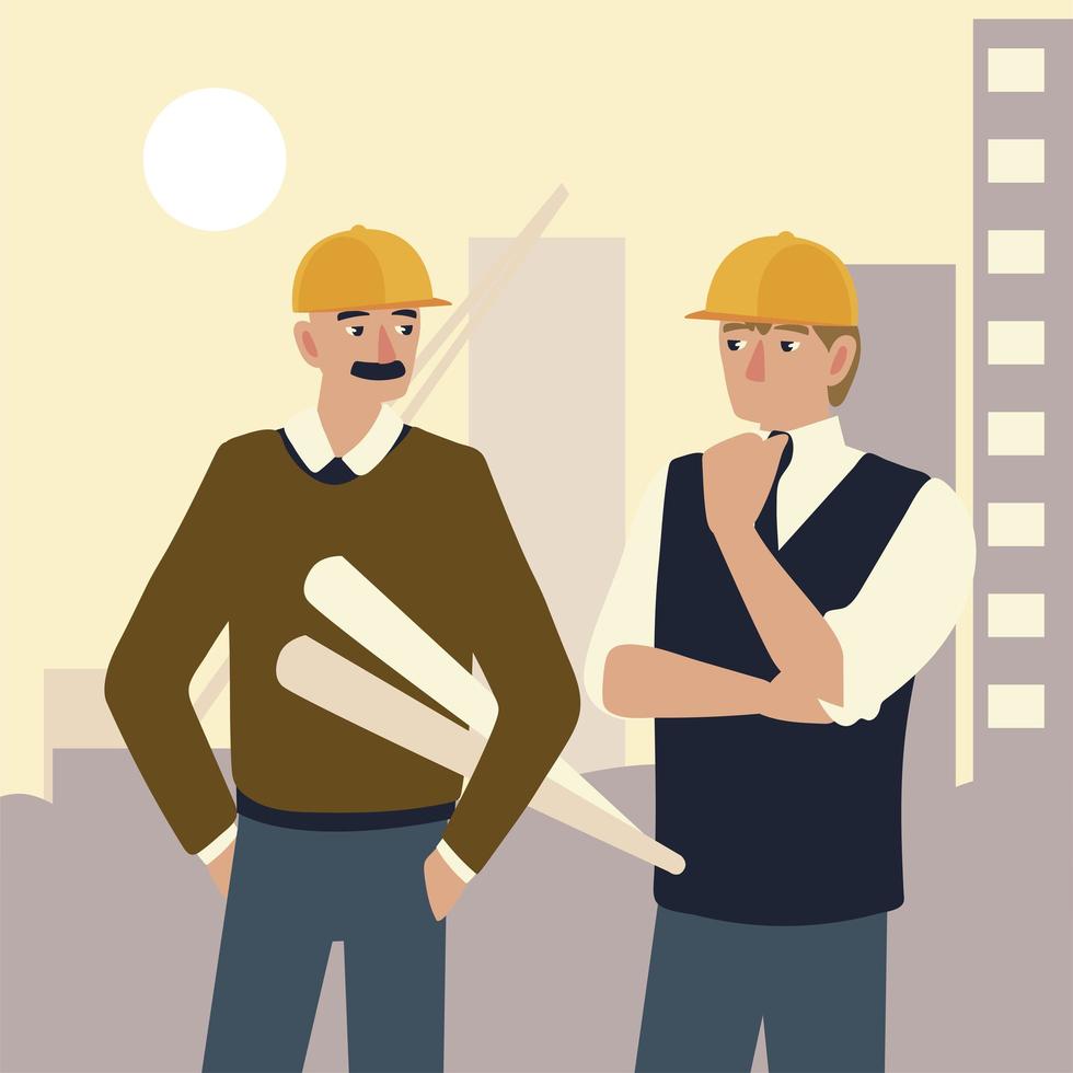 men and architect in helmet holding rolls blueprints planning project vector