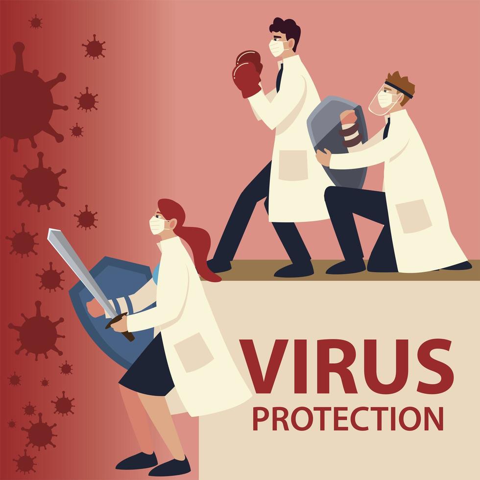 covid 19 virus protection and doctors with masks shields and sword vector
