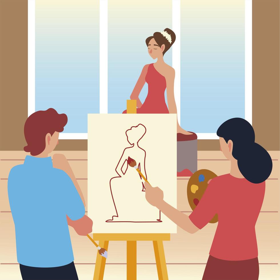 paint class art, male and female students with brush painting a model vector