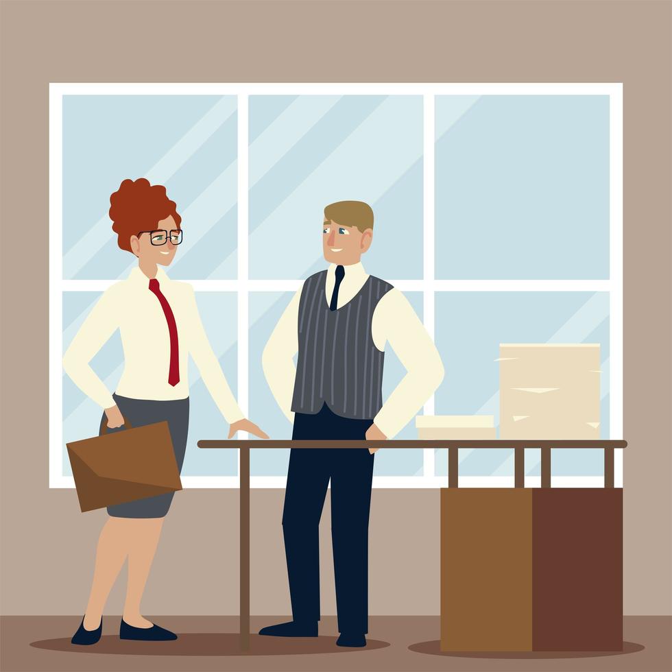 businessman and business woman with briefcase papers in box vector