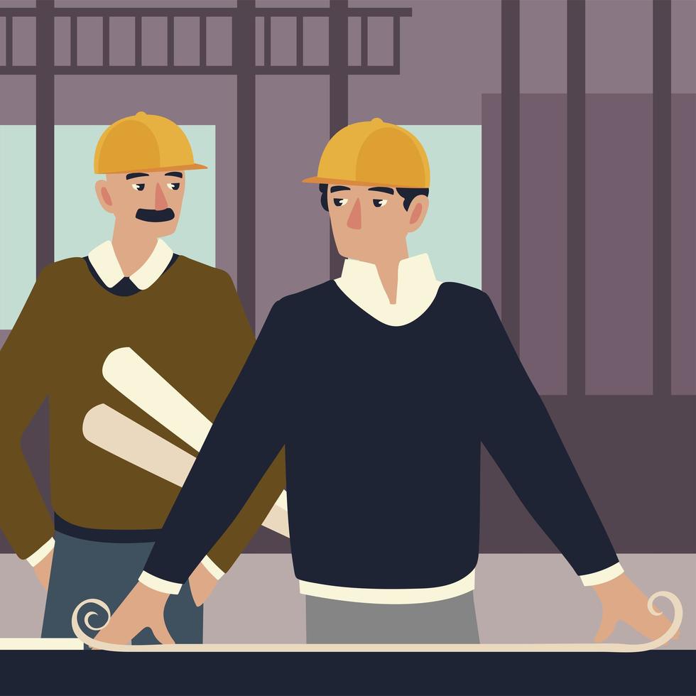 builders and architects, man architect showing drawing vector