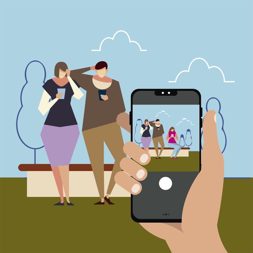 hand with smartphone taking a photo people using smartphones vector