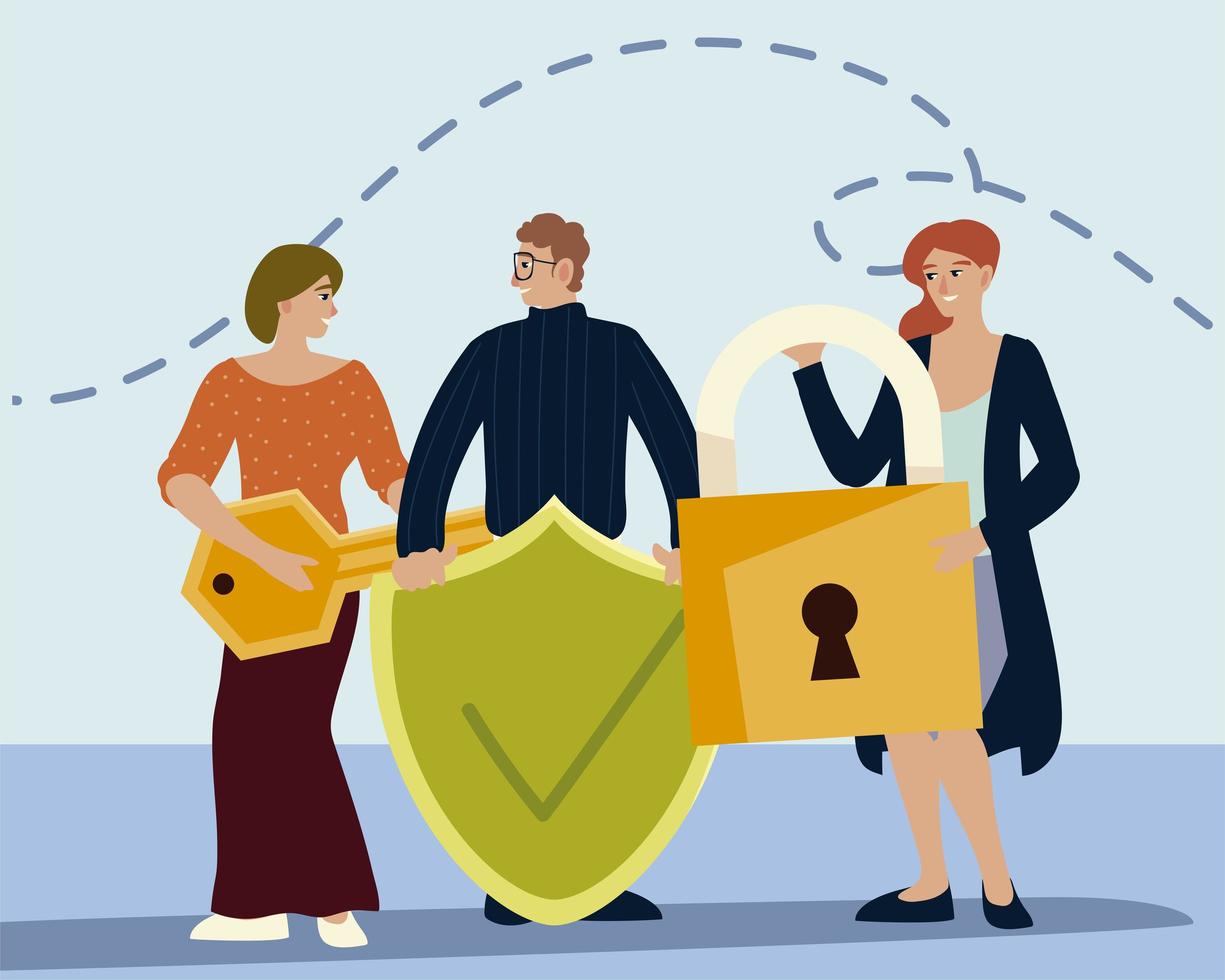 people holding different objects include key padlock and shield vector