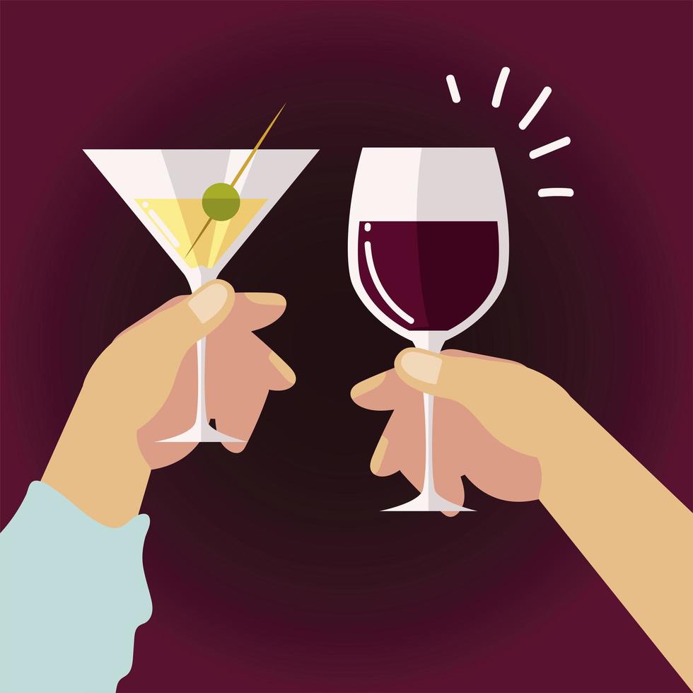 female and male hands with wine champagne alcohol, cheers vector