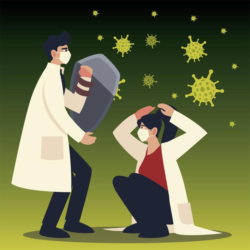 covid 19 virus protection man and woman doctors with masks and shield vector