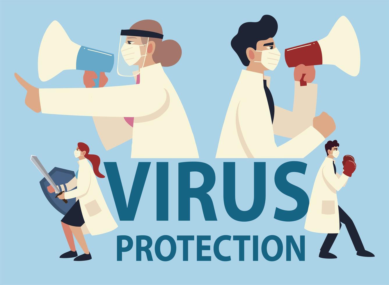 Covid 19 protección antivirus y médicos con máscaras y megáfonos. vector