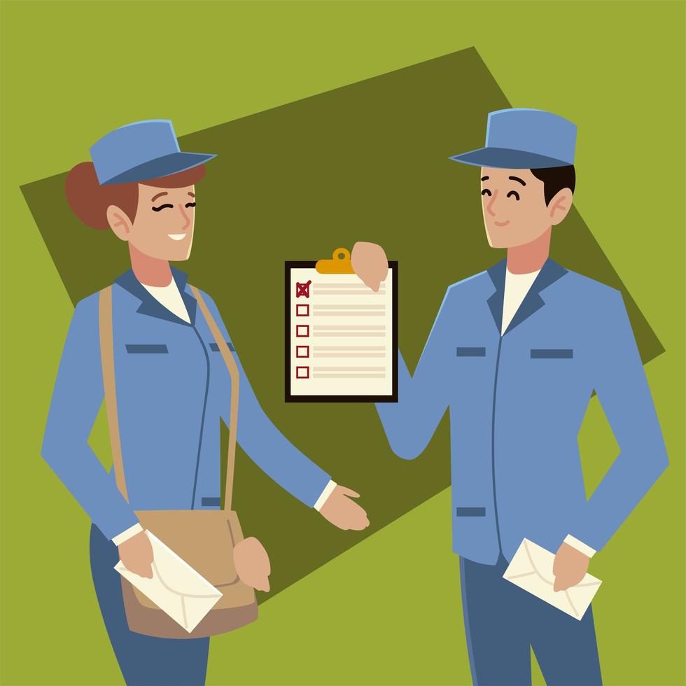 postal service postman and woman characters with envelopes vector