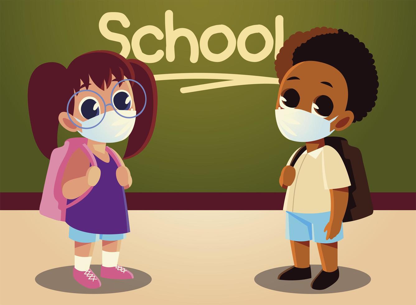 Back to school of girl and afro boy kid with medical masks vector