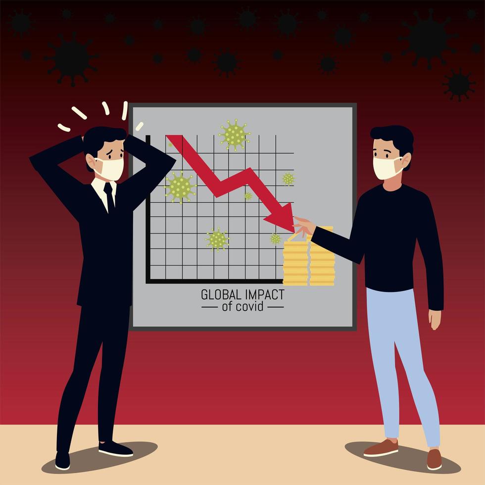 covid 19 impact, sad businessman and man with mask vector