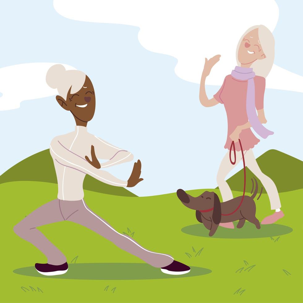 seniors active, elderly women practicing yoga and walking with dog vector