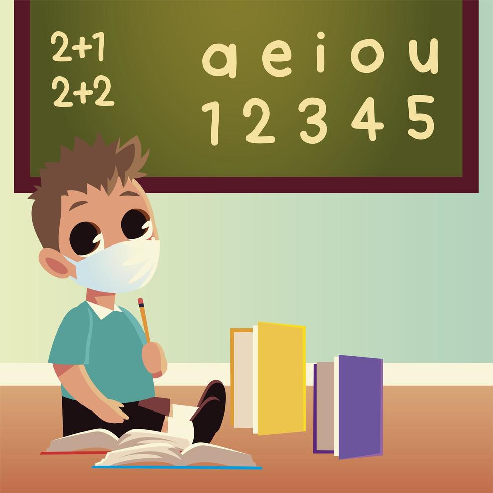 Back to school of boy kid with medical mask and notebooks vector