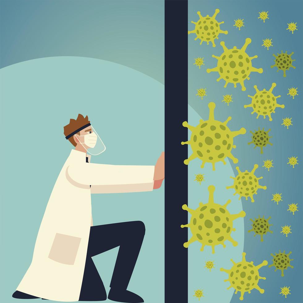 covid 19 virus protection and man doctor pushing with face mask vector