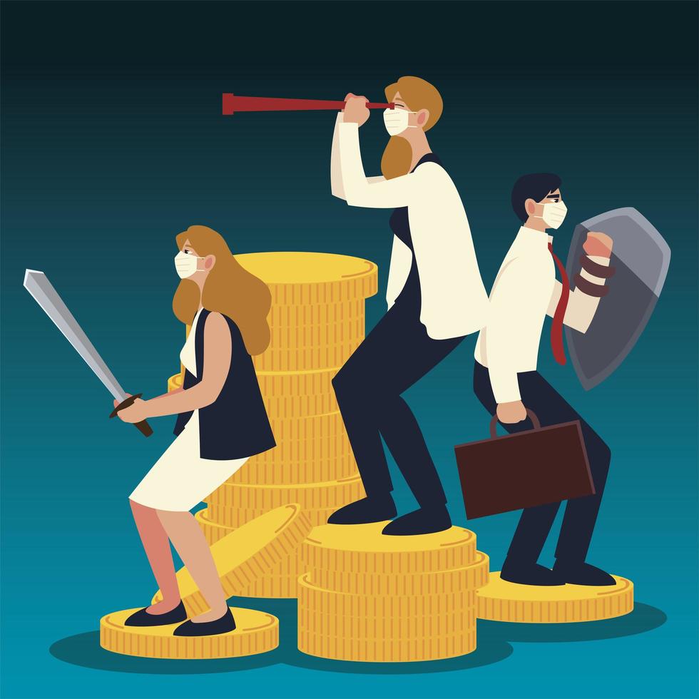covid 19 virus businesspeople with sword shield and telescope vector