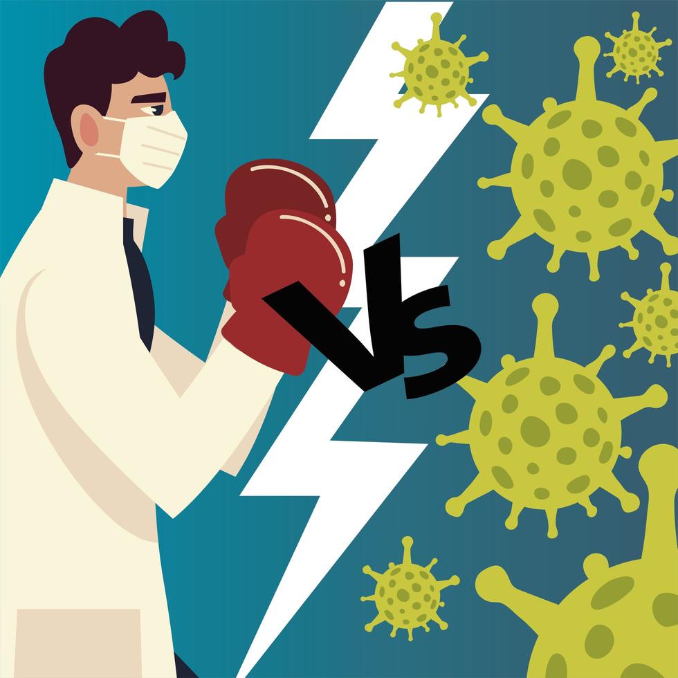 covid 19 virus protection vs man doctor with mask and boxing gloves vector