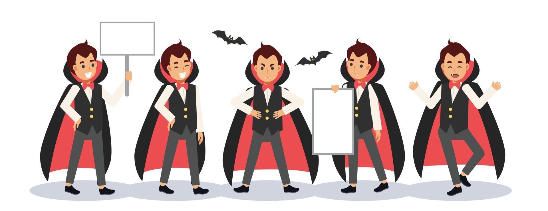 conjunto de niño disfrazado de vampiro Drácula para el festival de halloween. vector